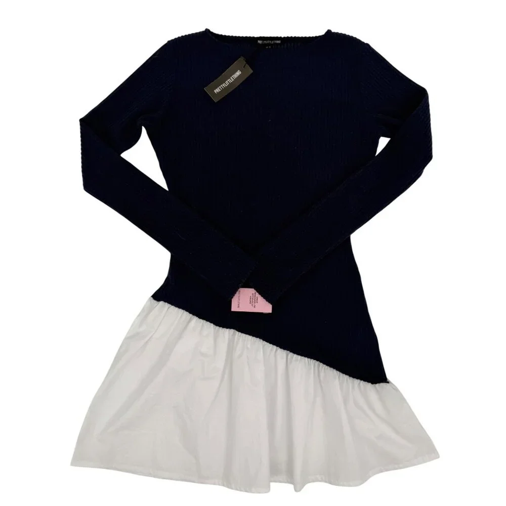 NWT PrettyLittleThing Navy Brushed Rib Asymmetric Ruffle Mini Dress Skater Style - Picture 14 of 16